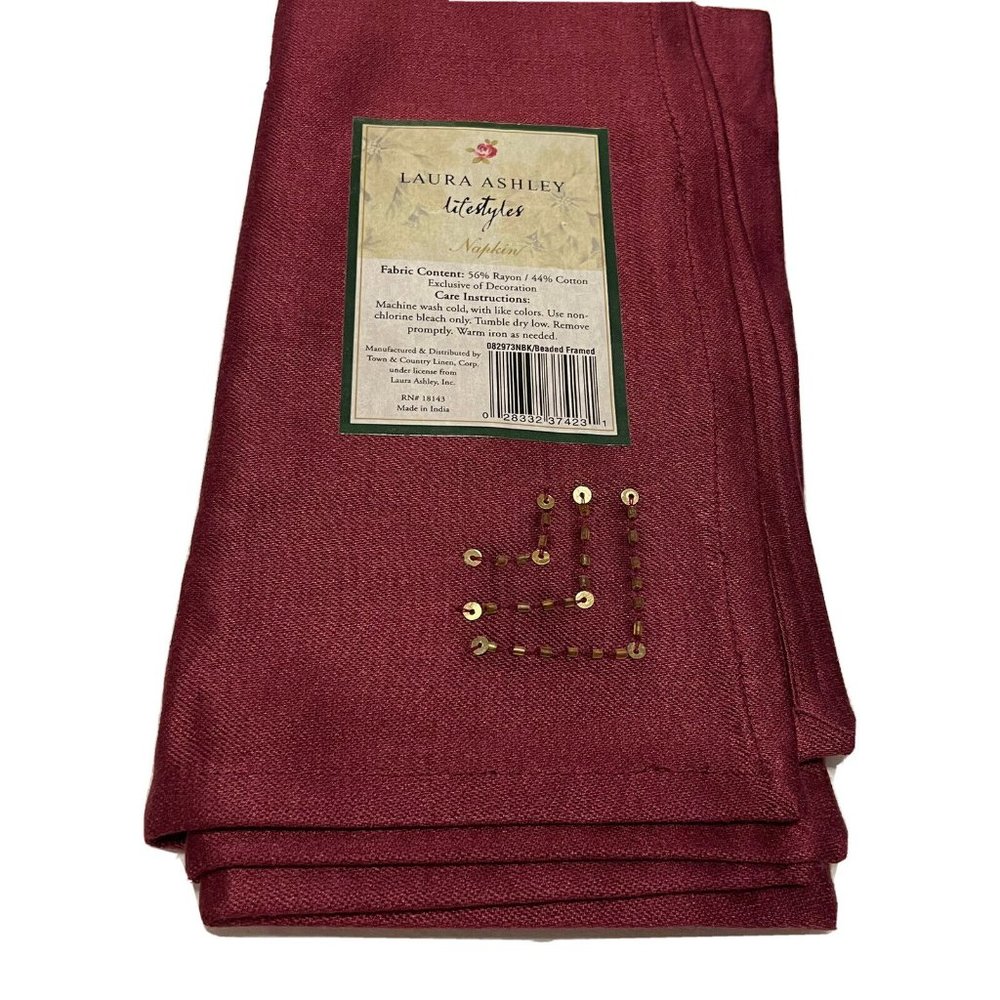6 New Laura Ashley Beaded Christmas Dinner Napkins Cotton Burgundy Red Gold